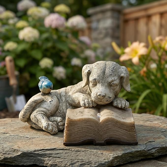 Topadorn Resin Dog Statue Solar Power Outdoor Statuary Cute Puppy for Garden Decoration, Dog Read a Book