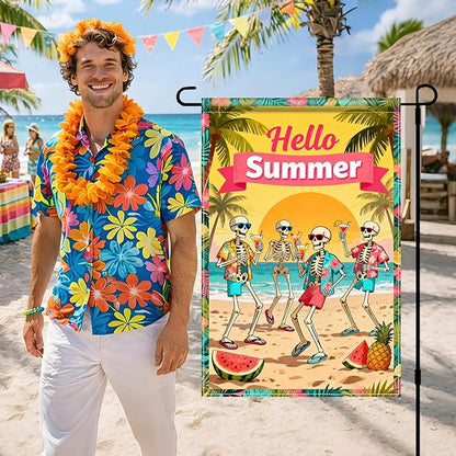 BlissYard Hello Summer Skeleton Garden Flag 12x18 Double Sided Vertical Outdoor Decor Tropical Beach Skull Banner Colorful Vacation Yard Garden Lawn Welcome Display