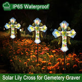 Solar Cross Garden Stakes for Graves,Lily Cemetery Decorations Yard Patio Decor,Golden Angel Wings Cross Lights Outdoor,Remembrance Gifts