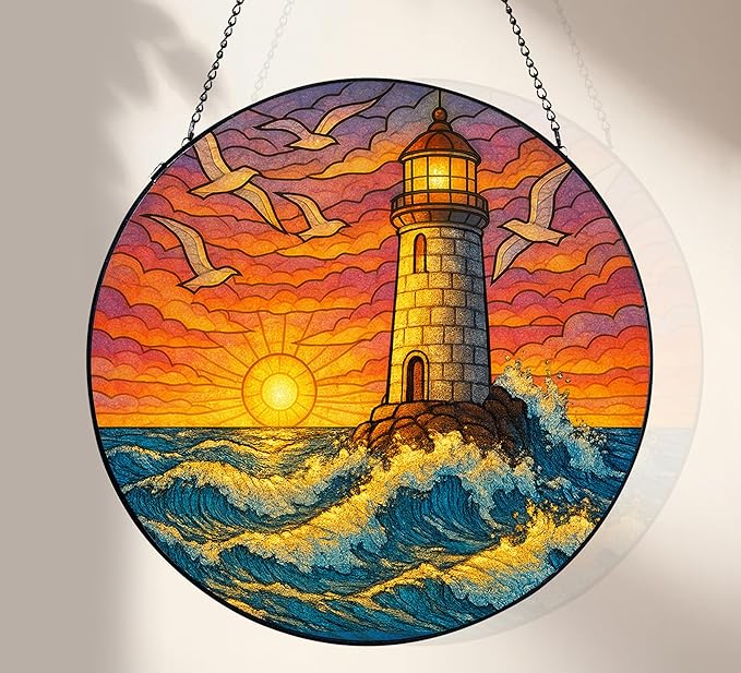 Stained Glass Window Hanging,Lighthouse Sun Catchers Stained Glass Panels for Indoor Windows Wall Art Decor, Memorial Gift for Mom Women Wife Men Lovers (7.87inch)