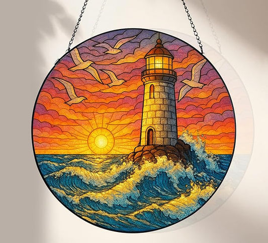 Stained Glass Window Hanging,Lighthouse Sun Catchers Stained Glass Panels for Indoor Windows Wall Art Decor, Memorial Gift for Mom Women Wife Men Lovers (7.87inch)