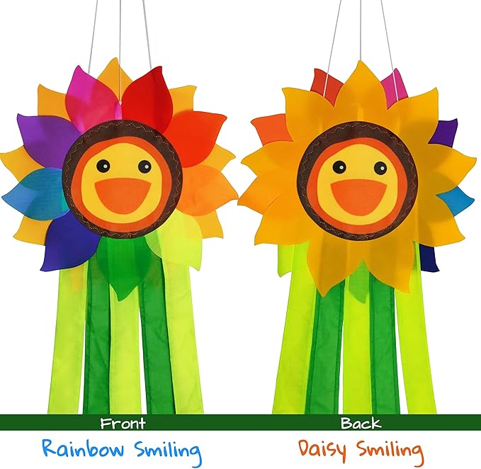 emma kites Smiling Sunflower Rainbow Windsock Hanging Décor Outdoor Windsock for Garden Backyard Balcony Porch Campsite Tent Awing Festival Party Decoration 42-INCH