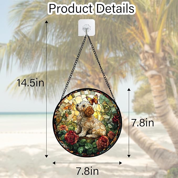DASTOLL Stained Glass Window Hanging, Cute Dog and Flowers Suncatcher for Doors Home Butterfly Sun Catchers Decoration and Christmas, Mother's Day Birthday Gifts for Women, Men, and Mom 7.8 in