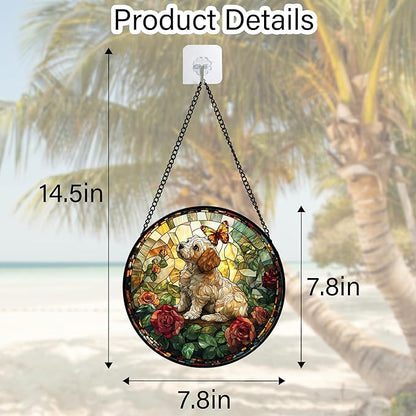 DASTOLL Stained Glass Window Hanging, Cute Dog and Flowers Suncatcher for Doors Home Butterfly Sun Catchers Decoration and Christmas, Mother's Day Birthday Gifts for Women, Men, and Mom 7.8 in
