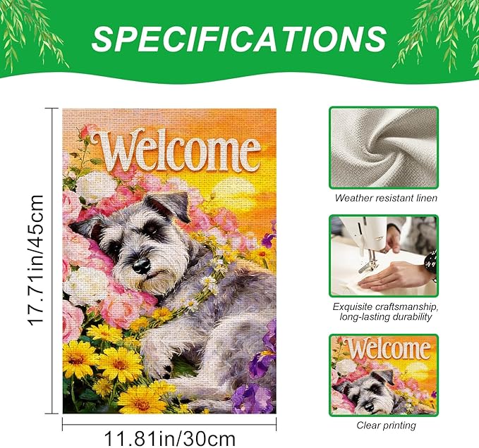 IVN Welcome Dog Garden Flag 12x18 Inch – Floral Puppy Spring Summer Outdoor Flag, Double Sided Burlap Yard Flag for Porch Lawn Patio Decor