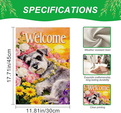 IVN Welcome Dog Garden Flag 12x18 Inch – Floral Puppy Spring Summer Outdoor Flag, Double Sided Burlap Yard Flag for Porch Lawn Patio Decor