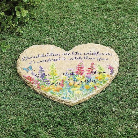 Fox Valley Traders Custom Grandchildren Wildflowers Garden Stone, 100% Resin, Outdoor Décor - Measures 10" x 9 1/2", 5 Names