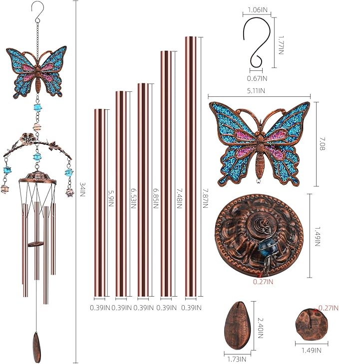 Blue Butterfly Wind Chimes - Wind Chimes for Outside Deep Tone 34 inches 5 Aluminum Tubes, Birthday, Memorial, Butterfly Gifts for Mom, Grandma, Daughter, Decor for Home, Garden, Patio, Backyard