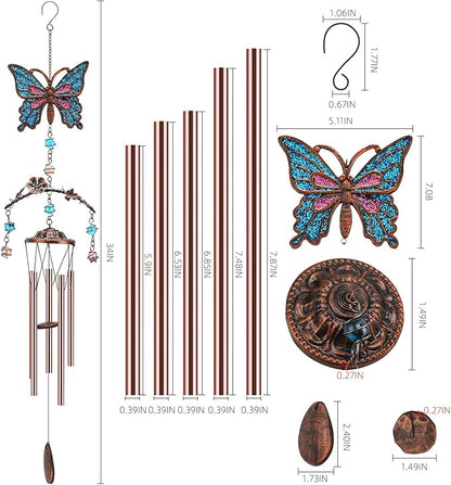 Blue Butterfly Wind Chimes - Wind Chimes for Outside Deep Tone 34 inches 5 Aluminum Tubes, Birthday, Memorial, Butterfly Gifts for Mom, Grandma, Daughter, Decor for Home, Garden, Patio, Backyard