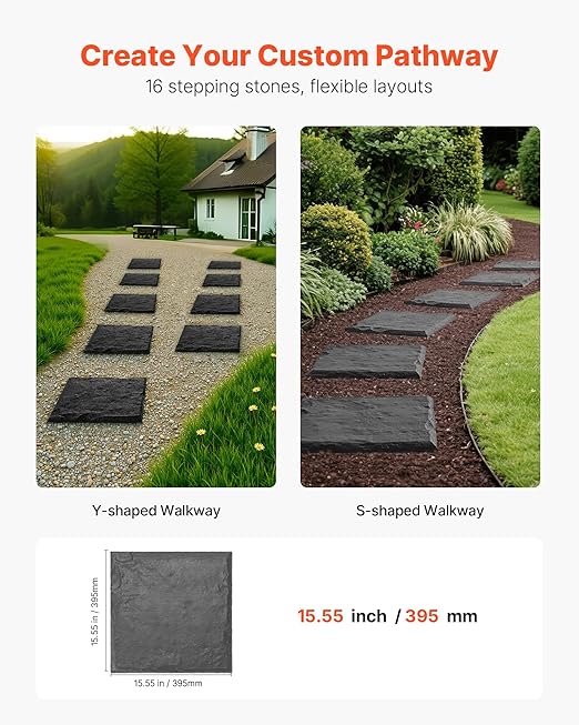 VEVOR Garden Stepping Stones, 16Pcs 15.5 x 15.5 in, Decorative Stepping Stones with Stakes, Weather-Resistant Plastic Pathway Pavers, Smooth Surface, Outdoor Walkway for Lawn Patio Landscape, Grey