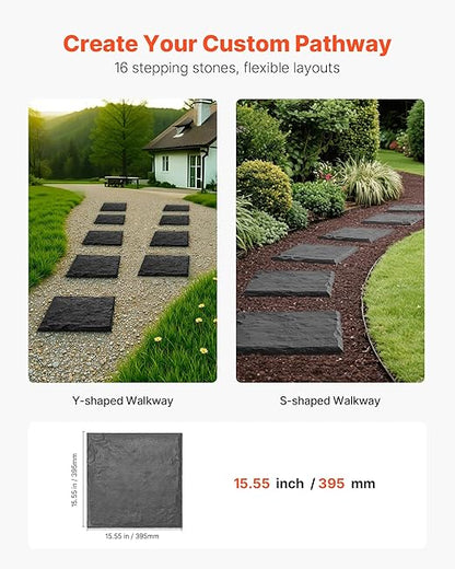 VEVOR Garden Stepping Stones, 16Pcs 15.5 x 15.5 in, Decorative Stepping Stones with Stakes, Weather-Resistant Plastic Pathway Pavers, Smooth Surface, Outdoor Walkway for Lawn Patio Landscape, Grey