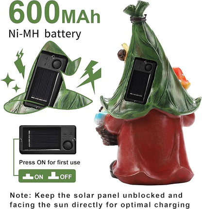 Gnome Solar Garden Statue with 3 LED Lights, Mushroom-Picking Gnome Statue Outdoor Decor for Patio, Yard, Balcony, Lawn Ornament, Gift for Mom, Grandma Mother's Day Christmas Day Decorations