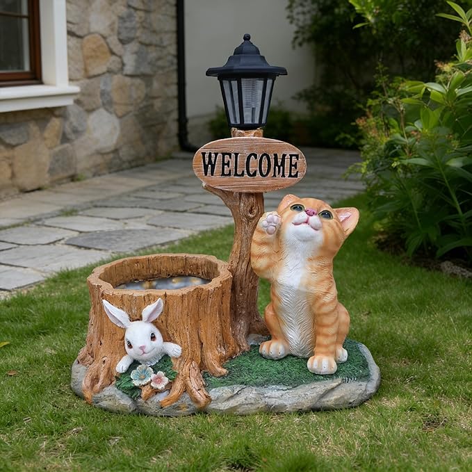20" Solar Cat Garden Statue with Welcome Sign & Planter - Large Cat Sculpture with LED Street Lantern - Weatherproof Resin Decorative Flower Pot for Porch, Yard & Patio - Pet Lover Gift