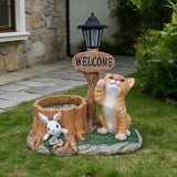 20" Solar Cat Garden Statue with Welcome Sign & Planter - Large Cat Sculpture with LED Street Lantern - Weatherproof Resin Decorative Flower Pot for Porch, Yard & Patio - Pet Lover Gift