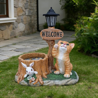 20" Solar Cat Garden Statue with Welcome Sign & Planter - Large Cat Sculpture with LED Street Lantern - Weatherproof Resin Decorative Flower Pot for Porch, Yard & Patio - Pet Lover Gift