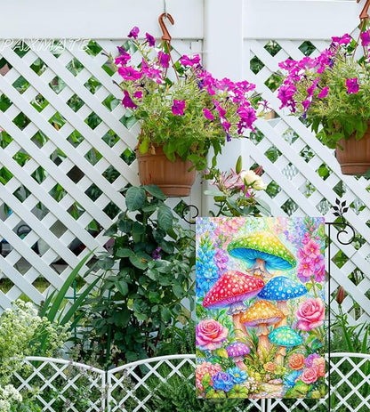 Spring Summer Garden Flag 12x18 Inch Double Sided Outside Colorful Mushroom Floral Flowers Outdoor Seasonal Holiday Welcome Yard Decoration