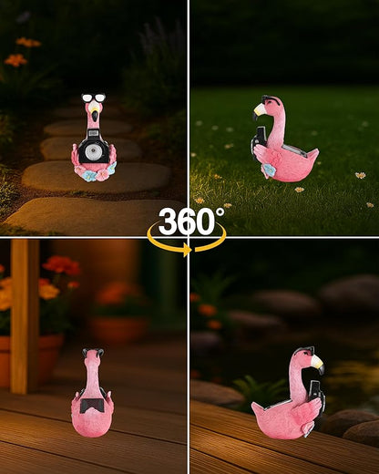 GoGnome Solar Flamingo Garden Statue with Camera Light – 5.5in Tall Solar Powered Outdoor Figurine for Yard, Patio, Balcony – Funny Garden Decor, Gift for Women (Flamingo)