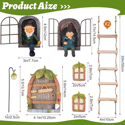 7 Pcs Fairy Garden Accessories Tree Hugger Gnome Statue Fairy Door Window Set Dwarf Elf Landscape Figurine Out The Door Resin Sculpture Hanging Tree Faces Decor for Trees Outdoor Decor (Fresh)