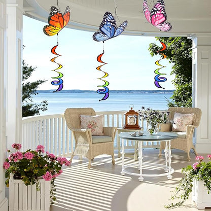 3pcs Butterfly Garden Wind Spinners 360° Rotation Rainbow Curlie Spinner Lawn Yard Ornaments Windmills Twister Outdoor Hanging Decor Whirligigs Wind Hanging Windsock