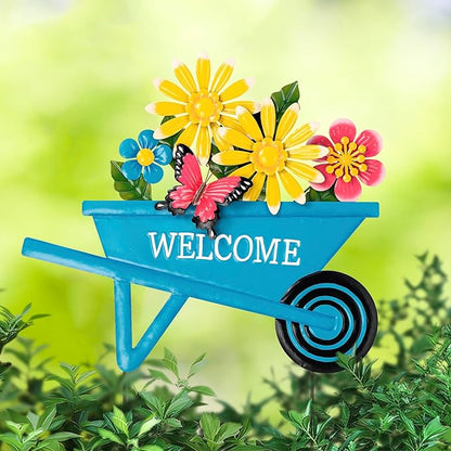 Glitzhome Metal Garden Stake Decor, Spring Yard Art Cart with Lifelike Flower or Wall Decor, Flower Barrow Stake Yard Sign Garden Decor for Outside, 30” H