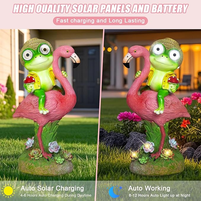 Solar Garden Statue, Whimsical Frog Riding Flamingo Outdoor Decor with Glowing LED Eyes, IP65 Waterproof Resin Lawn Ornament for Patio Yard Balcony, Unique Housewarming Gift for Mom Grandma Women