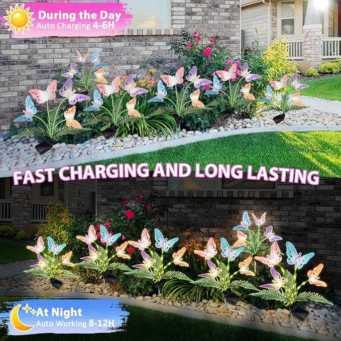 Weepong Solar Lights Outdoor Decorations Waterproof Newest Solar Garden Lights with Glowing Stems, 7-Color Changing Butterfly Flower Light for Outside Yard Pathway Garden Decor, Gift for Mother,2Pack