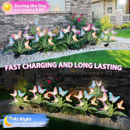 Weepong Solar Garden Lights 4 Pack Waterproof Decorative Solar Lights Outdoor with Glowing Stems,7-Color Changing ‎Fiber Optic Butterfly Light for Outside Yard Lawn Garden Decor, Gifts for Women