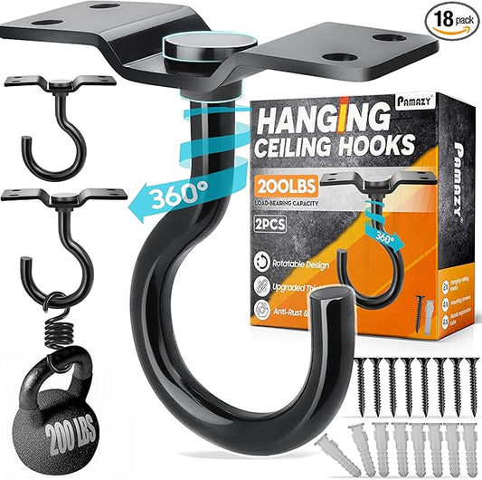 [UPGRADED] 2Pcs 200LBS Rotatable Ceiling Hooks with 4 Screw Points Base, Wall Mount Metal Hanger Black Ceiling Hook for Hanging Plant, Bird Feeder, Lights, Bed Canopy, Wind Chime, Indoor Outdoor Decor