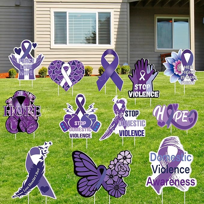 Amyhill 12 Pcs Domestic Violence Awareness Yard Sign Purple Ribbon Garden Lawn Signs with 24 Stake Stop Domestic Violence Purple Ribbon Butterfly Hands Yard Decorations for Outdoor Party Decor