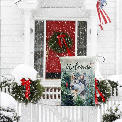 Welcome Winter Garden Flags Husky Garden Flag Cardinal Birds on Snowy Pine Tree Flag Dog Yard Flags for Outside 12x18 Double Sided Christmas Decorative