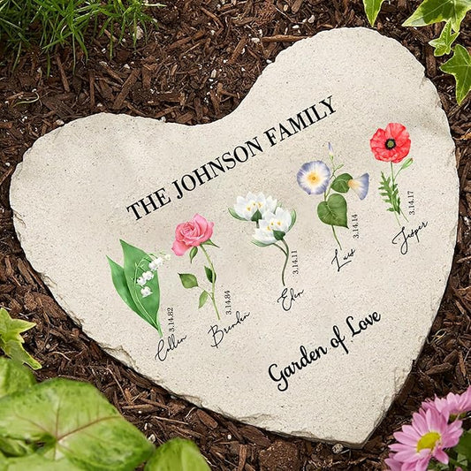 Nazenti Custom Birth Month Flower Personalized Large Heart Garden Stones, Birth Flower Garden Stone, Grandma Mom Gifts, Outdoor Decor, Garden Decor Sign, Gifts for Women Mother's Day Birthday