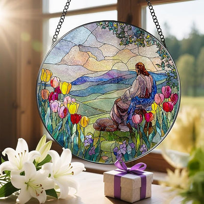 Stained Glass Suncatcher, Jesus and Sunrise Sun Catcher Ornament; Stained Glass Window Hanging, Christmas Ornament, Christian Home Decor; Baptism Gift, Christian Gifts, Religious Gifts