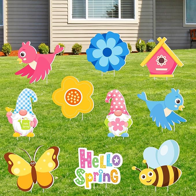 Amyhill 12 Pack Hello Spring Yard Decoration Outdoor Flower Garden Lawn Stake Signs with Stakes Waterproof Spring Garden Decor for Holiday Party Patio Lawn Walkway Outside(Fresh Style)