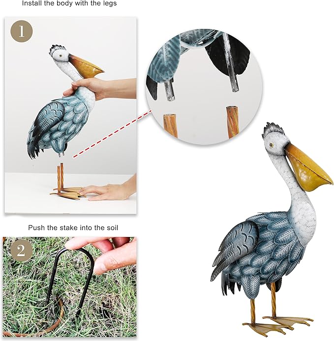 TERESA'S COLLECTIONS Pelican Outdoor Statues Garden Decor for Outside,11" Blue Coastal Ocean Bird Garden Statues & Sculptures for Yard Decor,Metal Yard Art for Lawn Patio,Pool,Backyard,Gifts for Mom