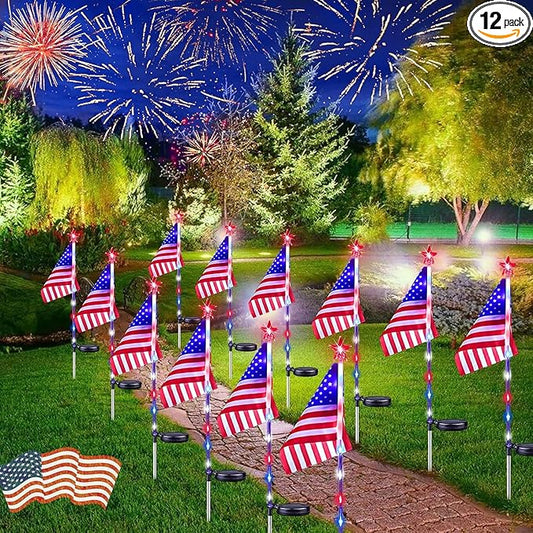 12 Pack Solar American Flag Lights Outdoor, 4th of July Decorations Outdoor, Waterproof Solar Flag Patriotic Lights for Yard, Garden, Pathway, Independence Day, 250th Anniversary (Red White and Blue)