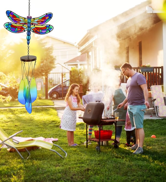 CoTa Global Summer Dragonfly Wind Chime - Handmade Glass and Metal Chime - Wild Life Hanging Decor - Colorful Home Decor Gift, Indoor, Outdoor Hanging Decoration for Porch, Patio, Garden – 22.5 Inch
