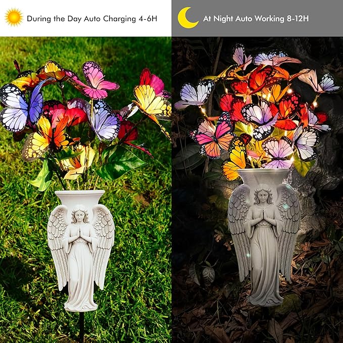 Solar Angel Grave Decorations - Metal Silhouette Memorial Stake with Butterfly Lights, Flat Garden Decor for Cemetery, Sympathy Gift(Angel with Flowers)