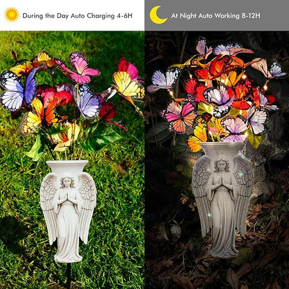 Solar Angel Grave Decorations - Metal Silhouette Memorial Stake with Butterfly Lights, Flat Garden Decor for Cemetery, Sympathy Gift(Angel with Flowers)