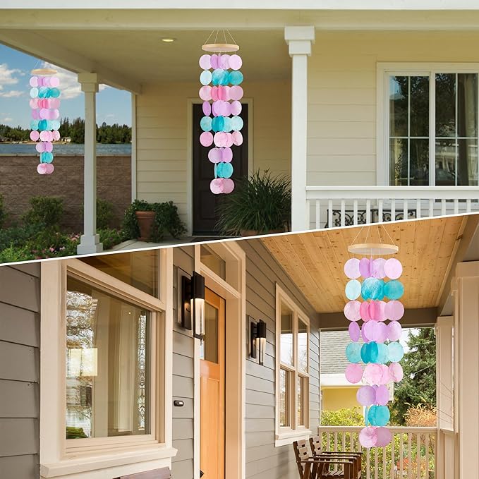 Wind Chimes for Outside - Handcrafted Purple Pink Capiz Shells Windchime Coastal Style Decor for Indoor/Outdoors, Garden Decor, Great Gift for Women, Wind Chimes Lovers and More