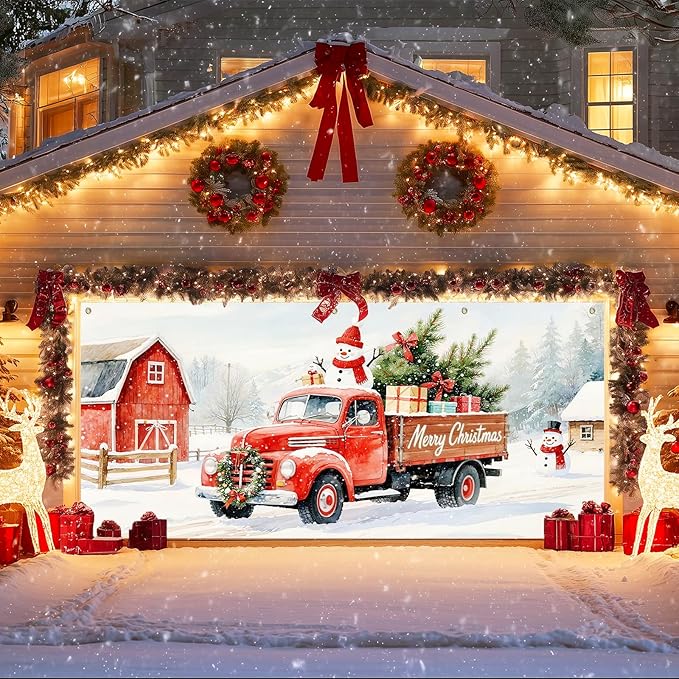 IVN Merry Christmas Garage Door Banner 13x6ft Festive Backdrop Decoration Red Truck Snowman Christmas Photo Prop Background for Joyful Holiday Yard Door Cover Background Outdoor Winter Scene