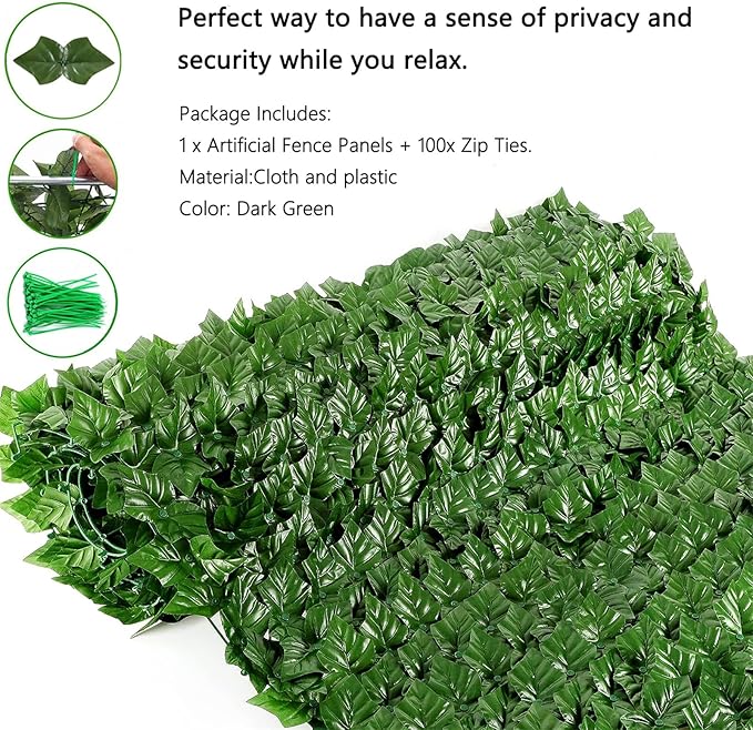 Artificial Ivy Privacy Fence with Lights 120x40in Grass Wall Screen Fake Vines Balcony Fence Privacy Screen Cover, Faux Ivy Leaf Hedge Panels Wall Decoration