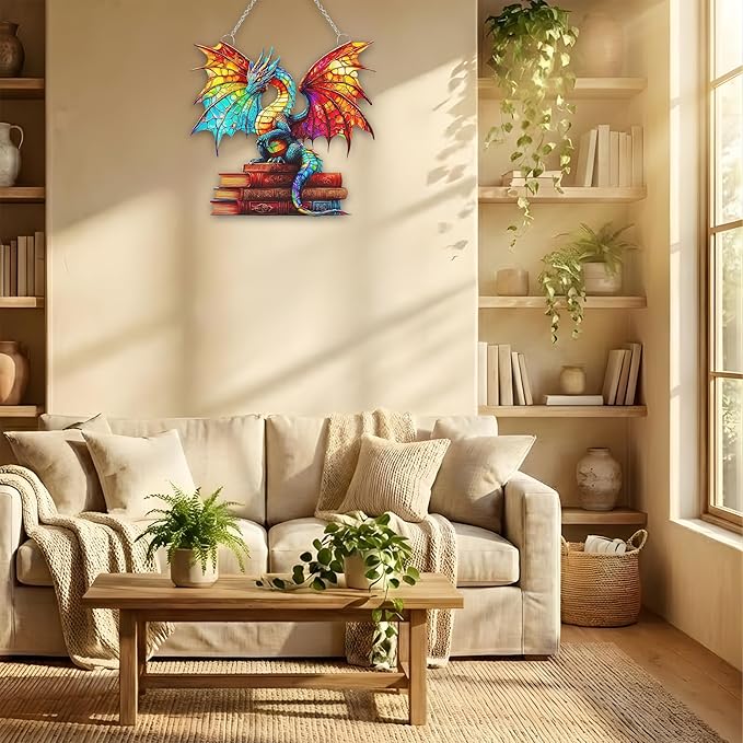 Bookish Dragon Acrylic Suncatcher, Bookish Suncatchers for Window Hanging Ornament, Art Garden Decor for Book Lover Reader Bookworm, Gifts for Mother's Day, Mom, Grandma, Wife, Women, Nana