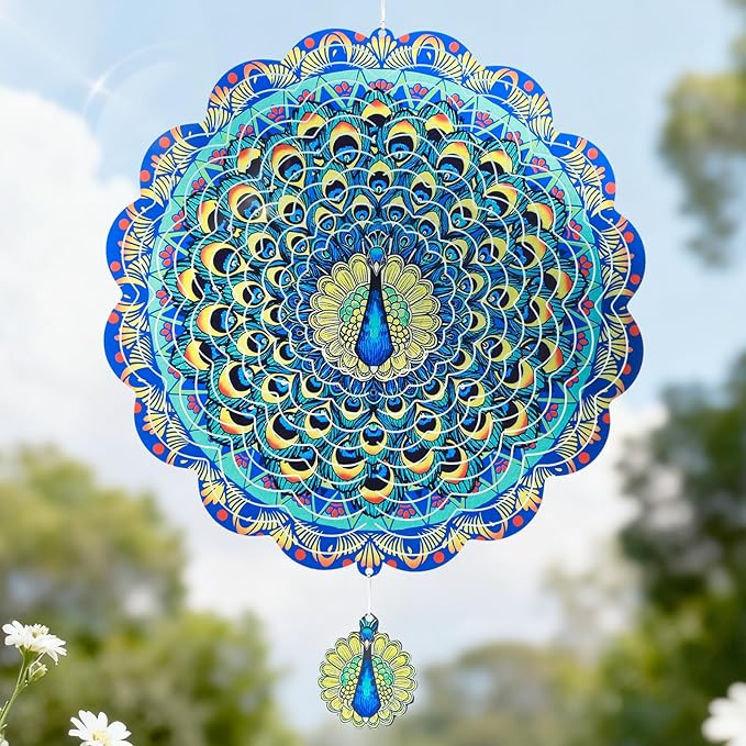 Peacock Wind Spinners Outdoor, 12In Stainless Steel Wind Spinners Outside, 3D Kinetic Hanging Sculpture, Rustproof Metal Garden Decor Ornaments for Yard Art, Women, Men, Holidays