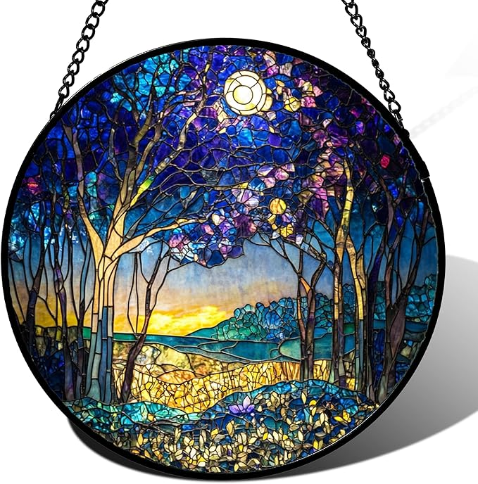 Stained Glass Window Hanging Blue Purple Forest Trees Landscape Moon 6.3" - Suncatcher Door Garden Sun Catcher Home Decor Birthday Christmas for Mom Men Woman Nana
