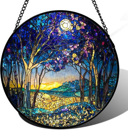 Stained Glass Window Hanging Blue Purple Forest Trees Landscape Moon 6.3" - Suncatcher Door Garden Sun Catcher Home Decor Birthday Christmas for Mom Men Woman Nana