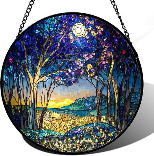Stained Glass Window Hanging Blue Purple Forest Trees Landscape Moon Large 11.8" - Suncatcher Door Garden Sun Catcher Home Decor Birthday Christmas for Mom Men Woman Nana