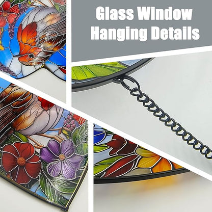 Heart-Shaped Robin Bird Stained Glass Window Hanging, 9.8'' Colorful Flower Sun Catcher Glass Panel Decor with Chain, Handcrafted Sun Catcher Gifts for Mom Wife Birds Lovers (Bird & Flower)