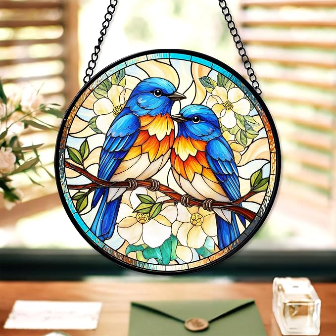 7.8" Bluebird Suncatcher Stained Glass Window Hanging Blue Bird Sun Catchers Birds Lover Ornament Wall Home Room Door Garden Decor Birthday for Nature Lovers Women Mom