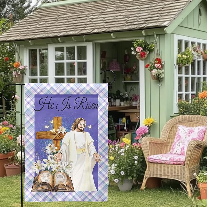 He is Risen Garden Flag Easter Cross Religious Yard Flags Lily Jesus Holy Bible Butterfly Burlap Double Sided House Banners Spring Lilies Christianity Church Garden Flags 12 x 18 Inch