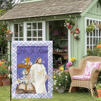 He is Risen Garden Flag Easter Cross Religious Yard Flags Lily Jesus Holy Bible Butterfly Burlap Double Sided House Banners Spring Lilies Christianity Church Garden Flags 12 x 18 Inch